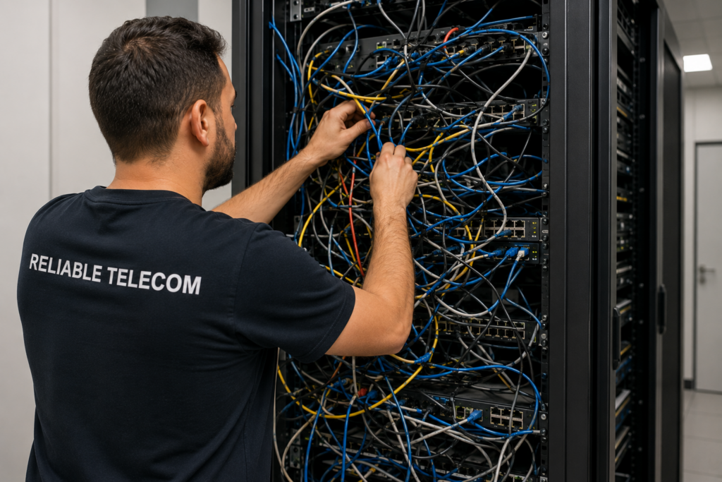 Worker untangling cables in server room